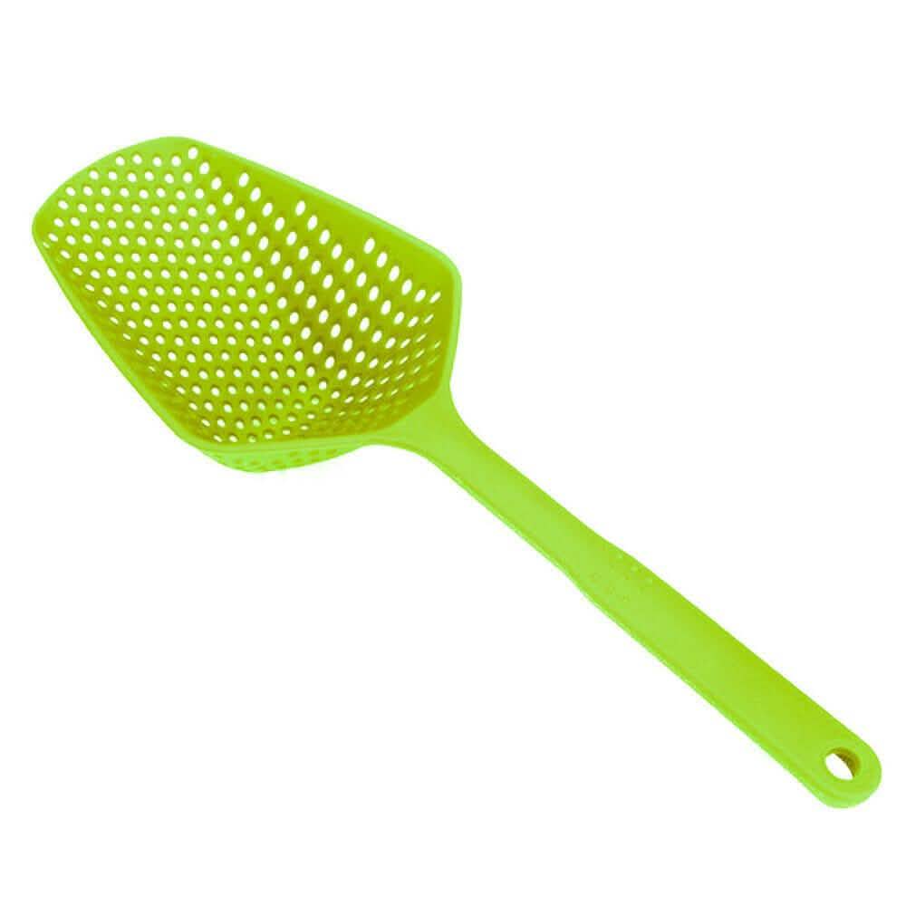 Large green perforated scoop strainer with long handle and hanging loop