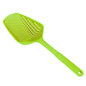 Large green perforated scoop strainer with long handle and hanging loop