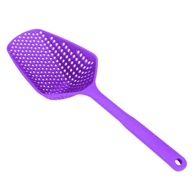 Large purple perforated scoop strainer with long handle and hanging loop