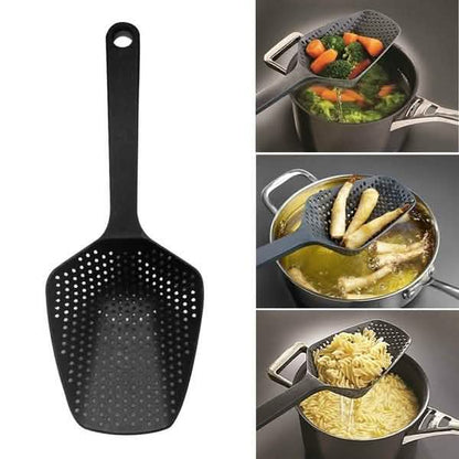 Large black perforated scoop strainer with long handle and hanging loop