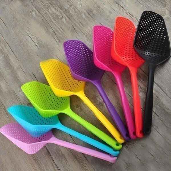 Set of colorful perforated scoop strainers with long handles and hanging loops