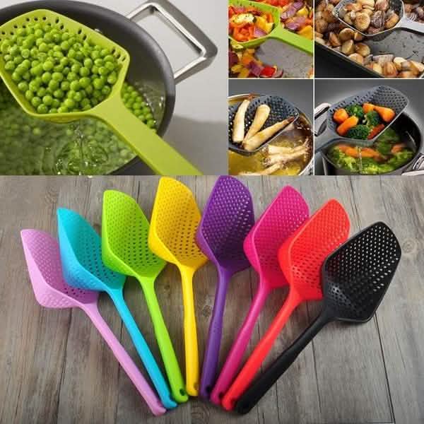 Multi-color scoop strainers set, each with perforated bowl and long handle