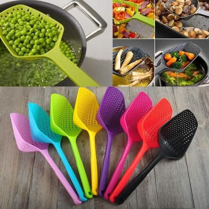 Multi-color scoop strainers set, each with perforated bowl and long handle