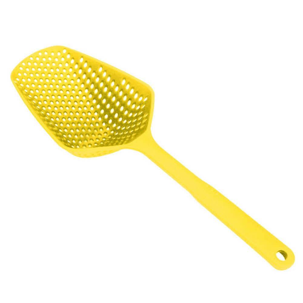 Large yellow perforated scoop strainer with long handle and hanging loop