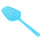 Large blue perforated scoop strainer with long handle and hanging loop