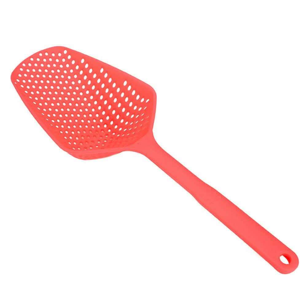 Large red perforated scoop strainer with long handle and hanging loop