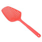 Large red perforated scoop strainer with long handle and hanging loop