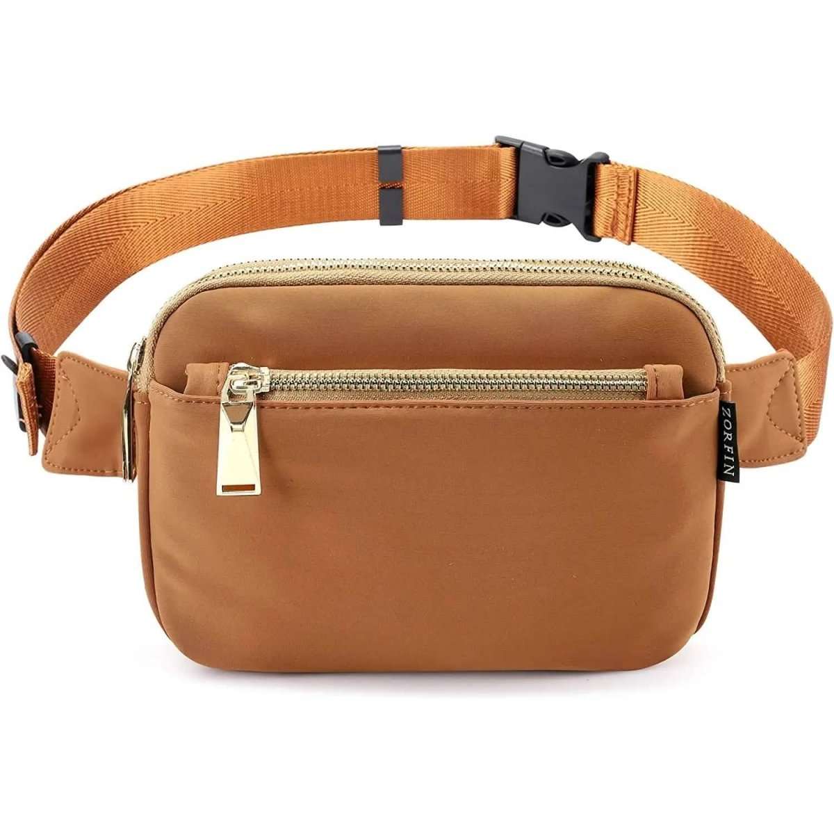 Brown waist pack belt bag with adjustable strap and front zip pocket