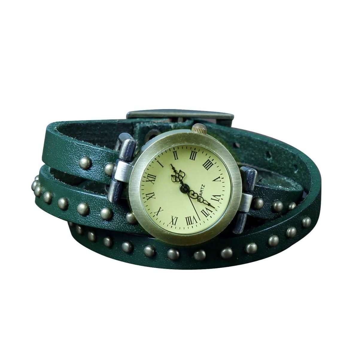 Retro leather belt watch with green leather strap, studded with metal studs and round dial.