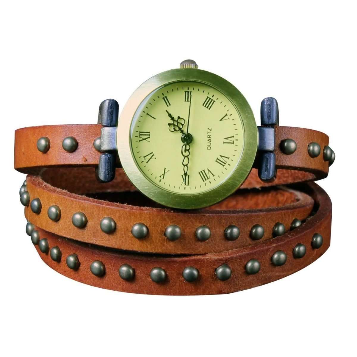 Retro leather belt watch with green dial, studded brown strap and metal buckles.
