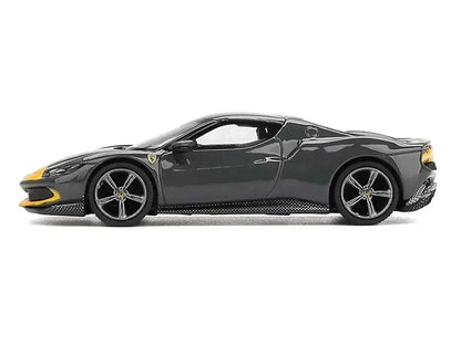 Ferrari 296 GTB Assetto Fiorano Grigio Scuro (Dark Gray) with Yellow Stripes 1/64 Diecast Model Car by BBR Cartsfy Inc.