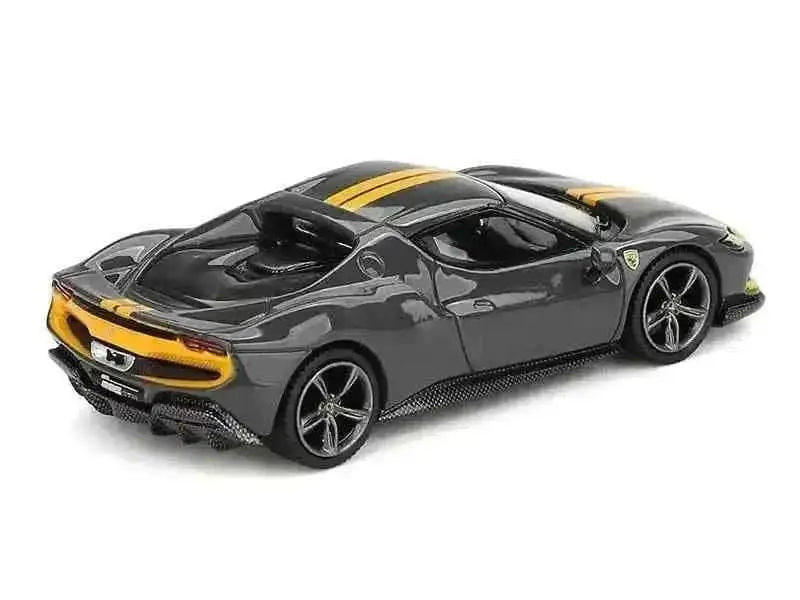 Ferrari 296 GTB Assetto Fiorano Grigio Scuro (Dark Gray) with Yellow Stripes 1/64 Diecast Model Car by BBR Cartsfy Inc.