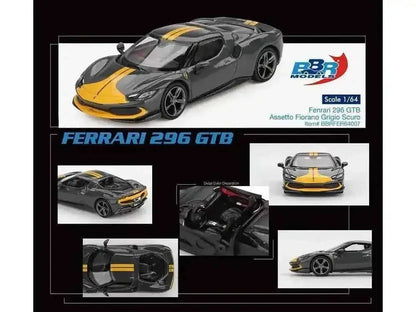 Ferrari 296 GTB Assetto Fiorano Grigio Scuro (Dark Gray) with Yellow Stripes 1/64 Diecast Model Car by BBR Cartsfy Inc.