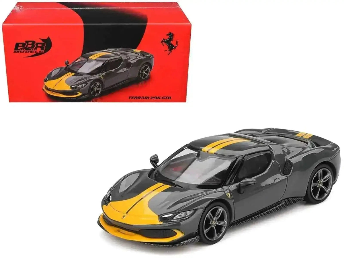 Ferrari 296 GTB Assetto Fiorano Grigio Scuro (Dark Gray) with Yellow Stripes 1/64 Diecast Model Car by BBR Cartsfy Inc.