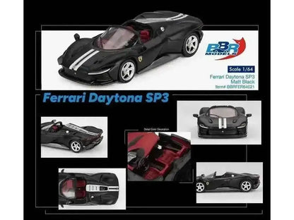 Ferrari Daytona SP3 Matt Black with White Stripes and Red Interior 1/64 Diecast Model Car by BBR Cartsfy Inc.