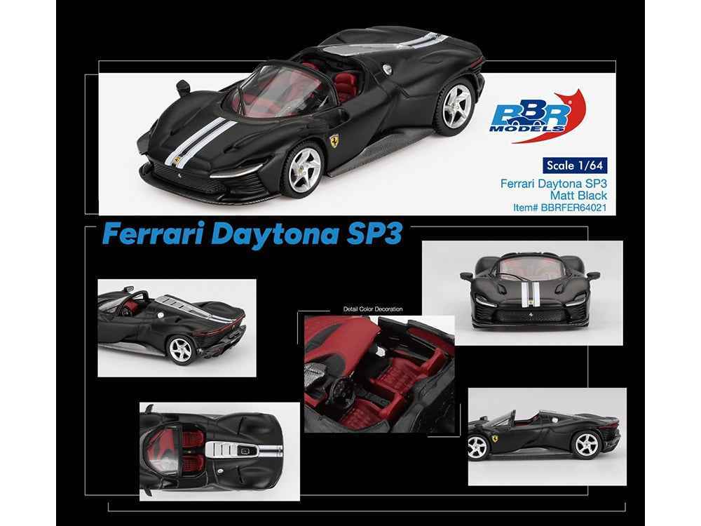 Ferrari Daytona SP3 Matt Black with White Stripes and Red Interior 1/64 Diecast Model Car by BBR Miniature Motors Default Title Default Title-