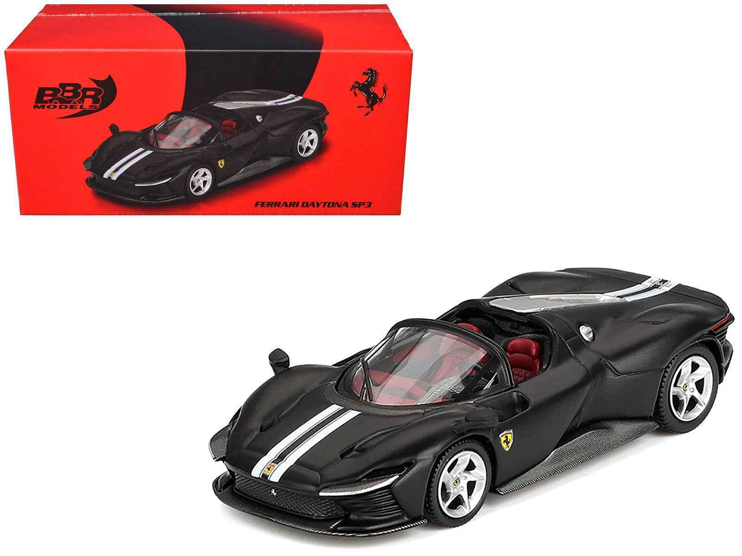 Ferrari Daytona SP3 Matt Black with White Stripes and Red Interior 1/64 Diecast Model Car by BBR Miniature Motors Default Title Default Title-