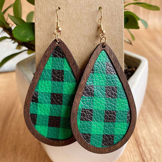 Festive Leather and Wood Christmas Earrings Rooted Home Goods Green Plaid Green Plaid-