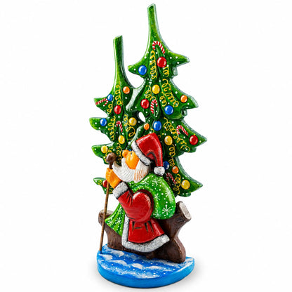 Did Moroz (Santa) and Christmas Tree Hand Carved Ukrainian Wooden Figurine 12.25 Inches