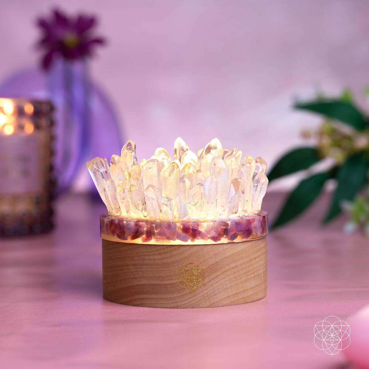Quartz and tourmaline crystal lamp with clear crystals, wooden base, warm light on