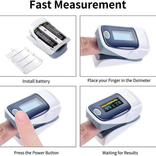 Fingertip pulse oximeter showing battery install and finger placement steps