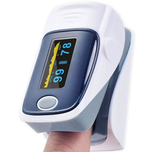Fingertip pulse oximeter with finger in sensor on blue-gray device
