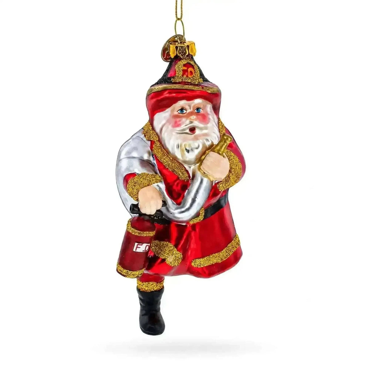 Firefighter Santa with Extinguisher Glass Christmas Ornament Cartsfy Inc.