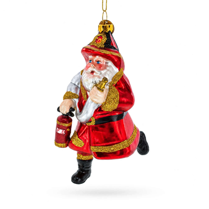 Firefighter Santa with Extinguisher Glass Christmas Ornament Cartsfy Inc.