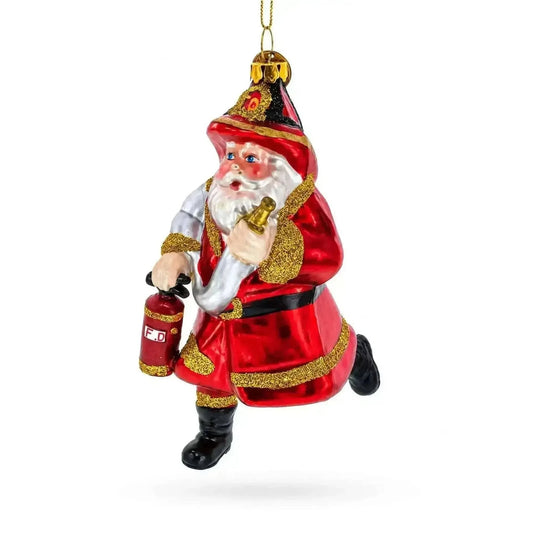 Firefighter Santa with Extinguisher Glass Christmas Ornament Cartsfy Inc.