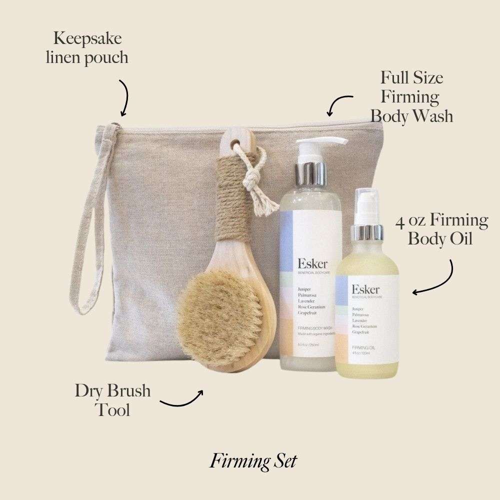 Linen keepsake pouch with body brush and three Esker skincare bottles