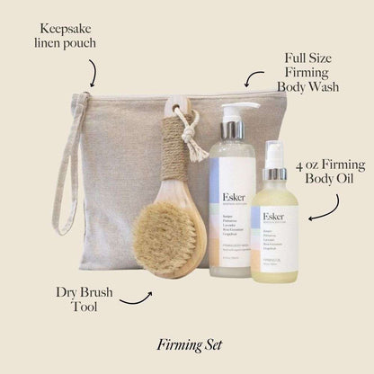 Linen keepsake pouch with body brush and three Esker skincare bottles