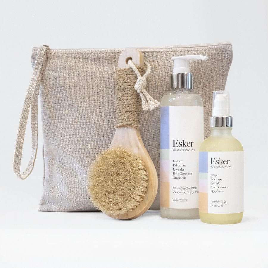 Linen pouch with body brush and two Esker pump bottles, firming skincare set