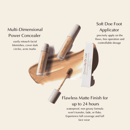 Set of matte concealer tubes and doe-foot applicators with swirled cream product