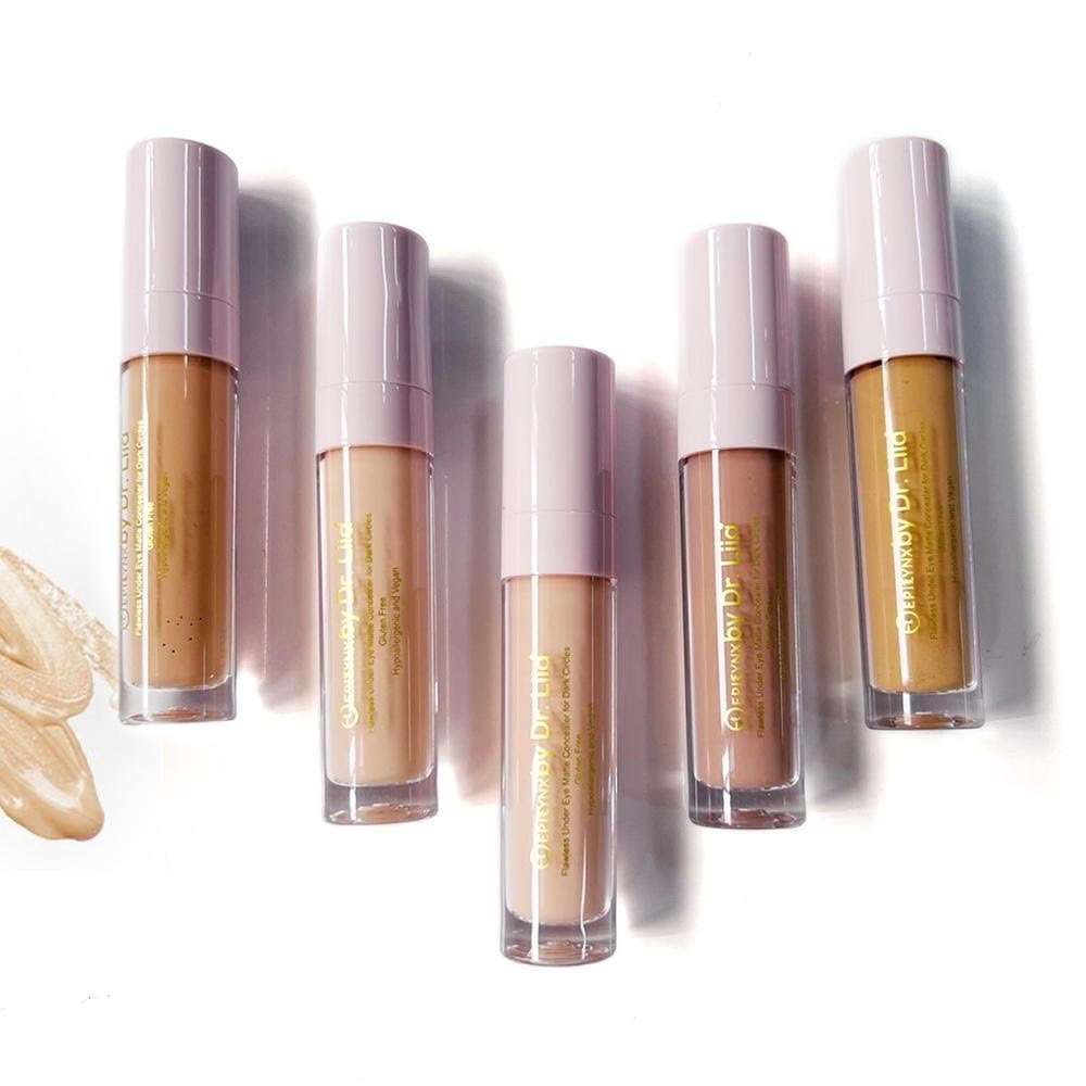 Matte concealer tubes set with multiple beige and tan shades, plus applicator wands