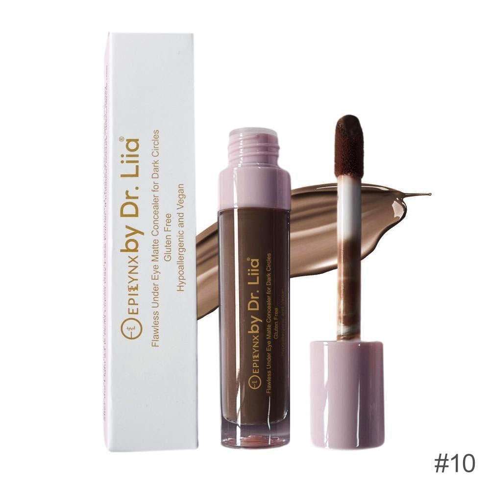 Matte concealer tube, white box, and doe-foot applicator—deep shade #10