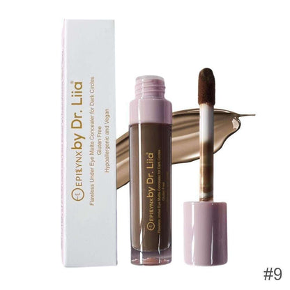 Matte concealer tube, white box, and doe-foot applicator—rich deep shade #9