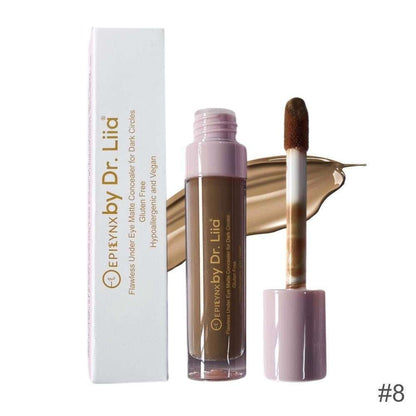 Matte concealer tube, white box, and doe-foot applicator—deep shade #8