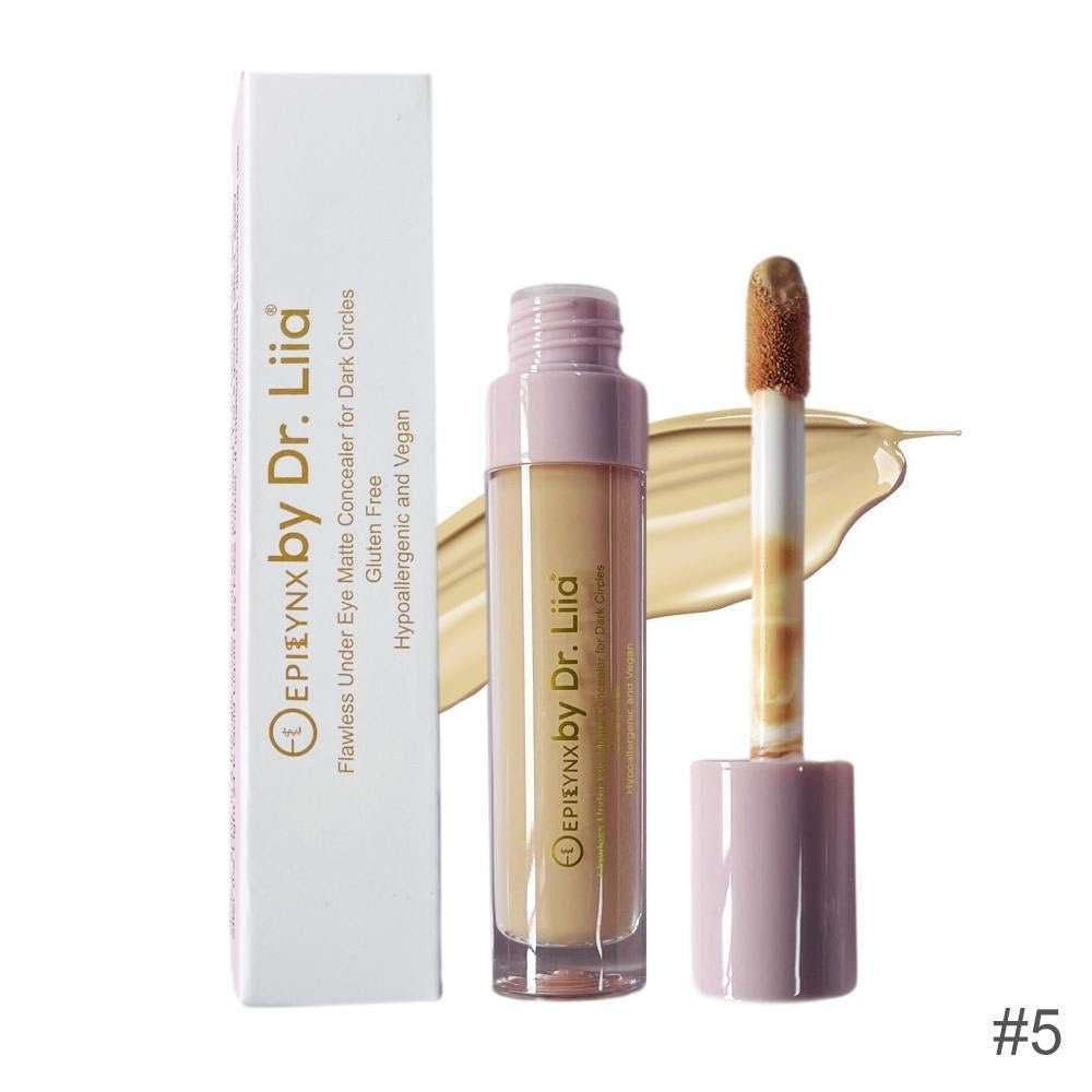 Matte concealer tube, white box, and doe-foot applicator—light-to-medium shade #5