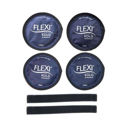 Set of four round gel ice packs with Flexi Kold logo and black straps