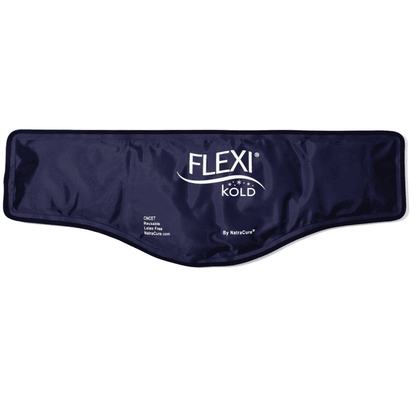 U-shaped gel ice pack wrap with Flexi Kold logo, navy cover with black edge