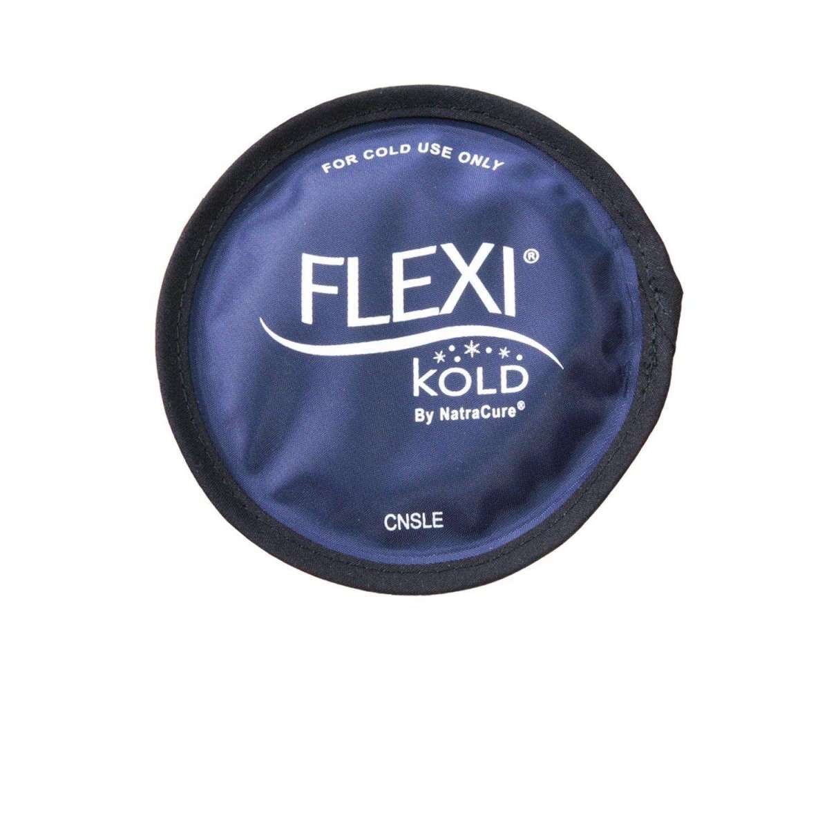 Round gel ice pack with Flexi Kold logo, navy cover with black rim