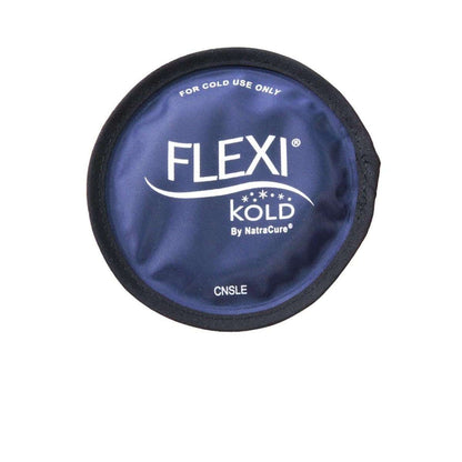 Round gel ice pack with Flexi Kold logo, navy cover with black rim