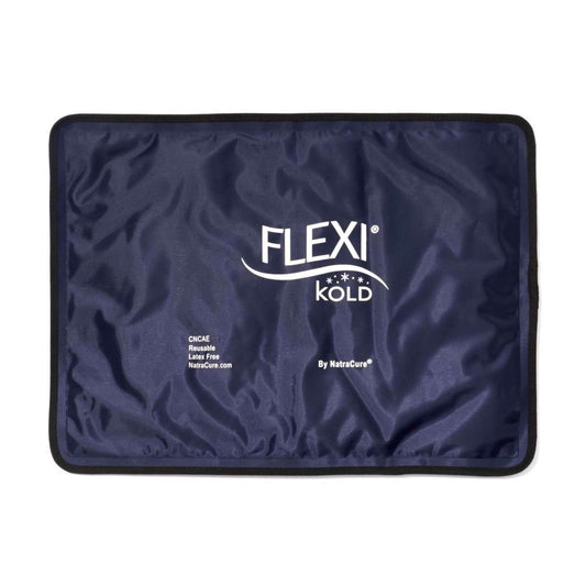 FlexiKold gel ice pack, navy blue rectangular with FLEXI logo and kold text