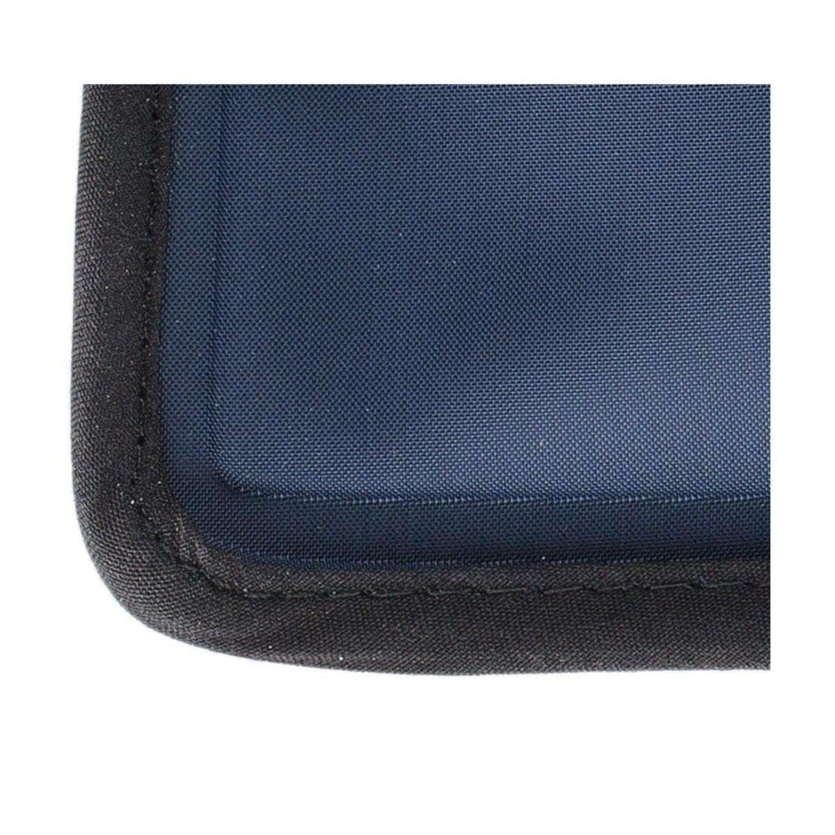 Gel ice pack corner view with navy fabric cover and stitched edge border