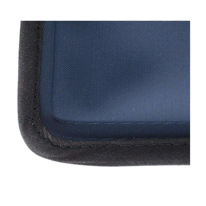Gel ice pack corner view with navy fabric cover and stitched edge border