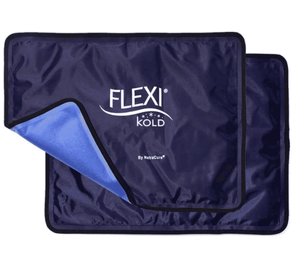 FlexiKold reusable gel ice pack, navy blue fabric cover with logo