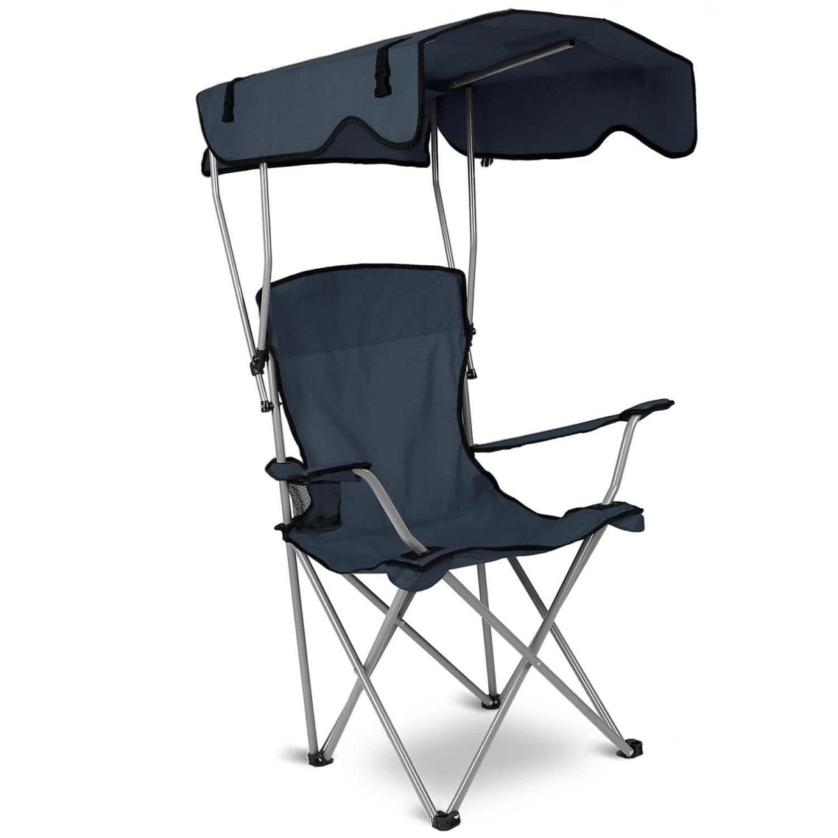 Foldable beach canopy chair with dark navy fabric seat and overhead sun shade