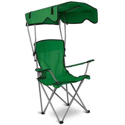 Green foldable beach chair with sun canopy and cup holder, padded back and seat