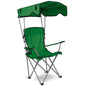 Green foldable beach chair with sun canopy and cup holder, padded back and seat