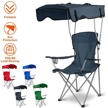 Navy foldable beach chair with sun canopy, cup holder, padded backrest and seat
